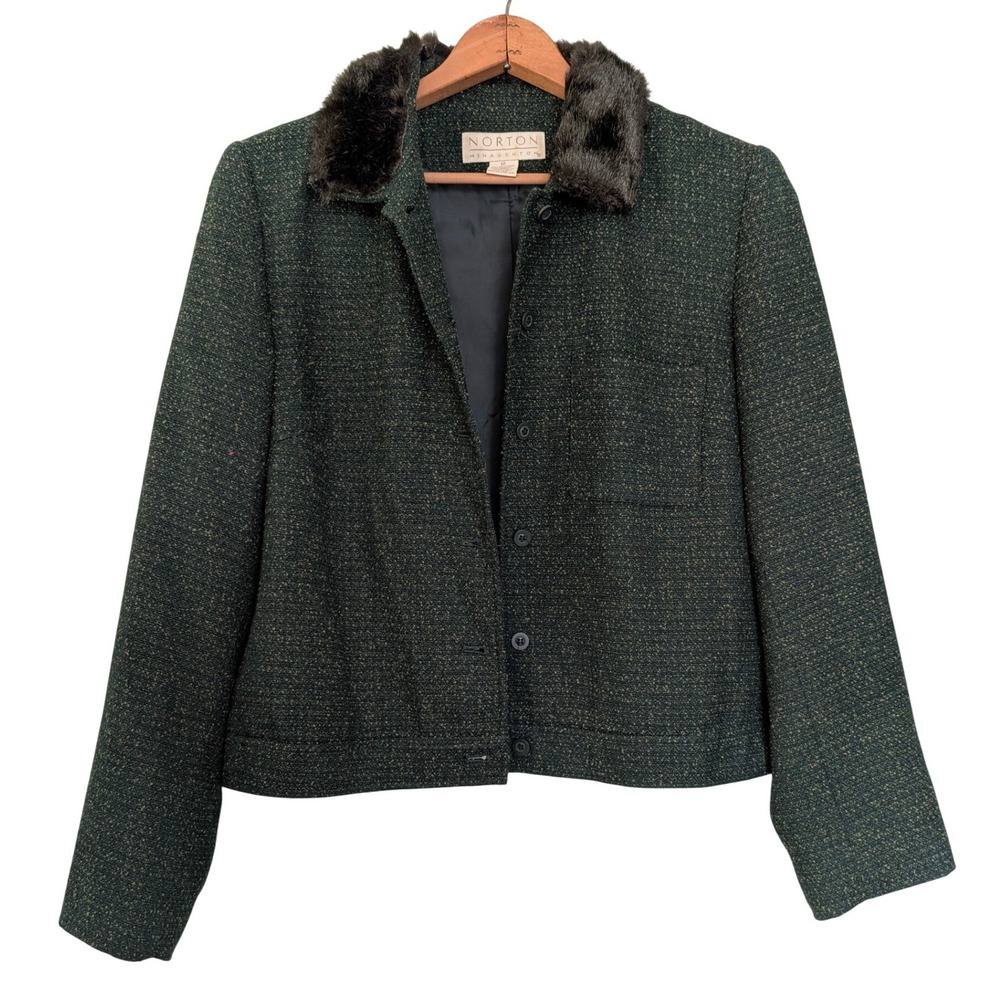 Vintage Green Tweed Blazer Faux Fur Collar 12 Preppy Old‎ Money Classic Jacket
